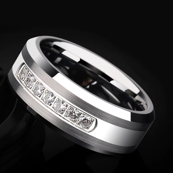 Tungsten Carbide Wedding Band With Clear Zircon - Picture 6 of 11